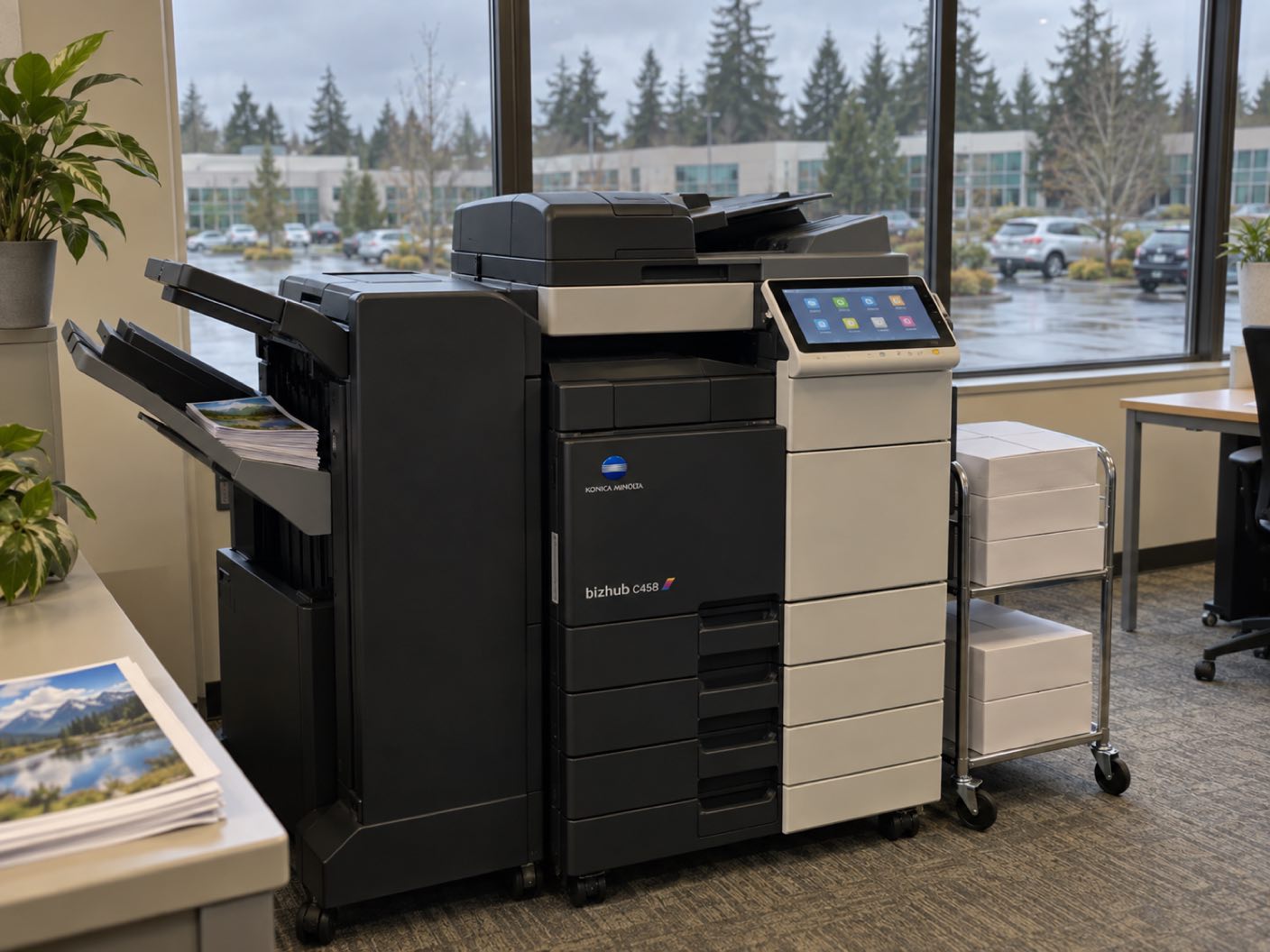 A Konica Minolta bizhub C458 copier standing ready with printed colour pages in its output tray, in a suburban business park office, a wet car park and dark firs outside.