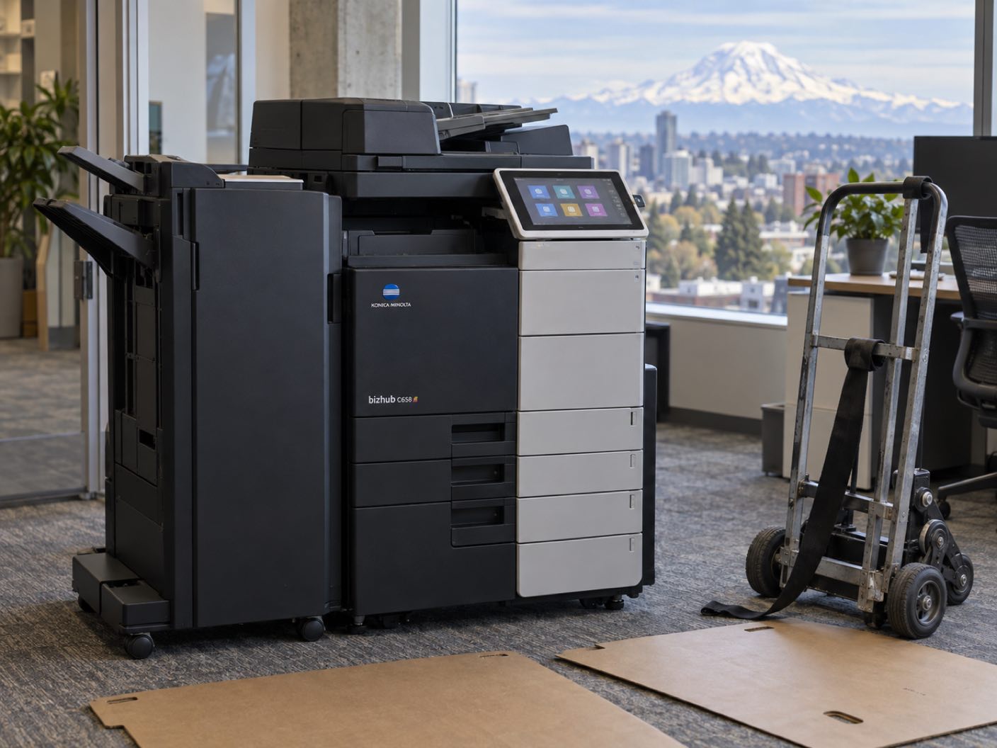 A Konica Minolta bizhub C658 copier newly delivered and standing in position, a delivery trolley and floor protection beside it, in an office window with the snow covered peak of Mount Rainier above a city skyline.