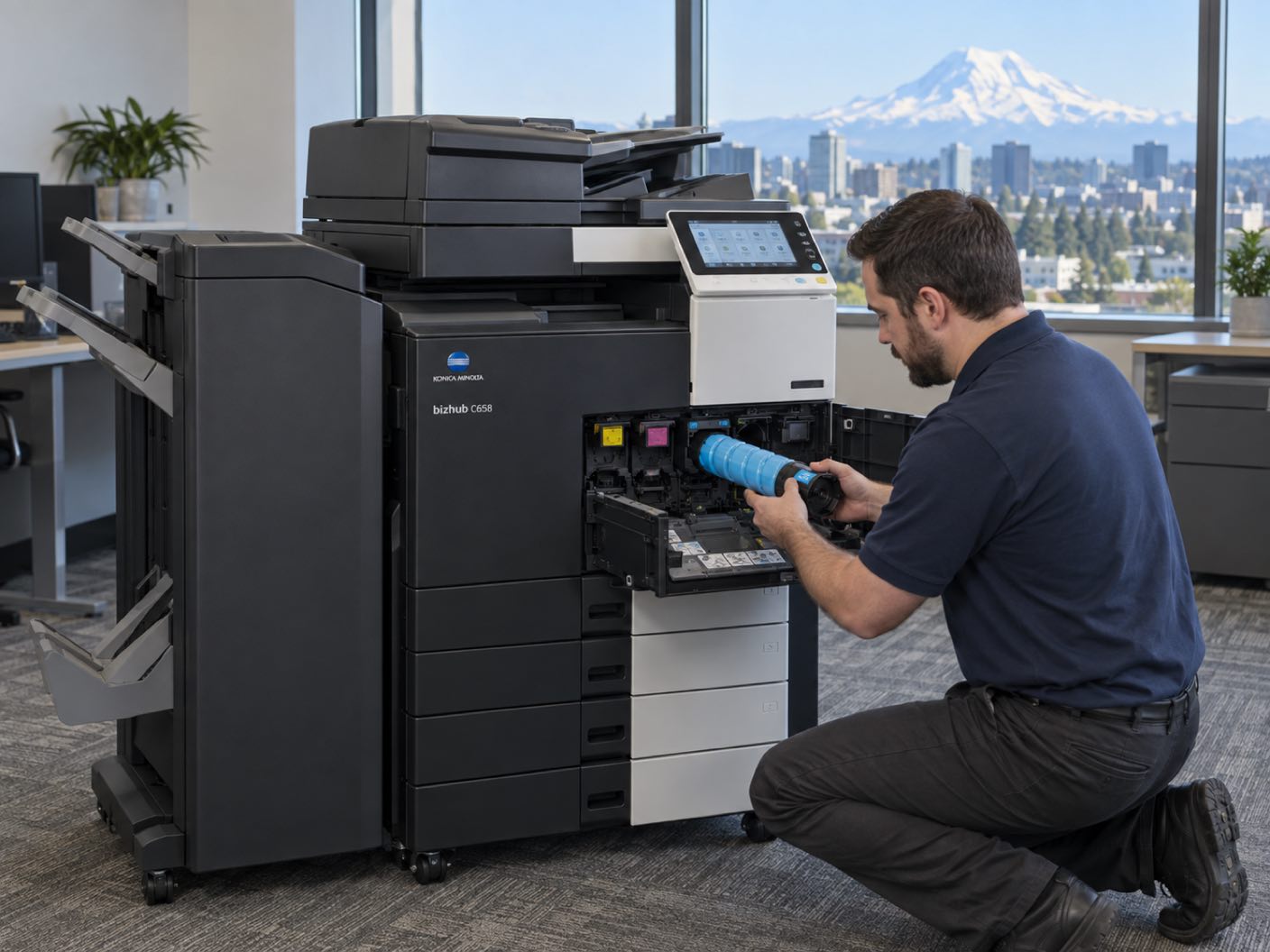 A technician kneeling at the open front of a Konica Minolta bizhub C658 copier, fitting a cyan toner cartridge, in an office window with the snow covered peak of Mount Rainier above a city skyline.