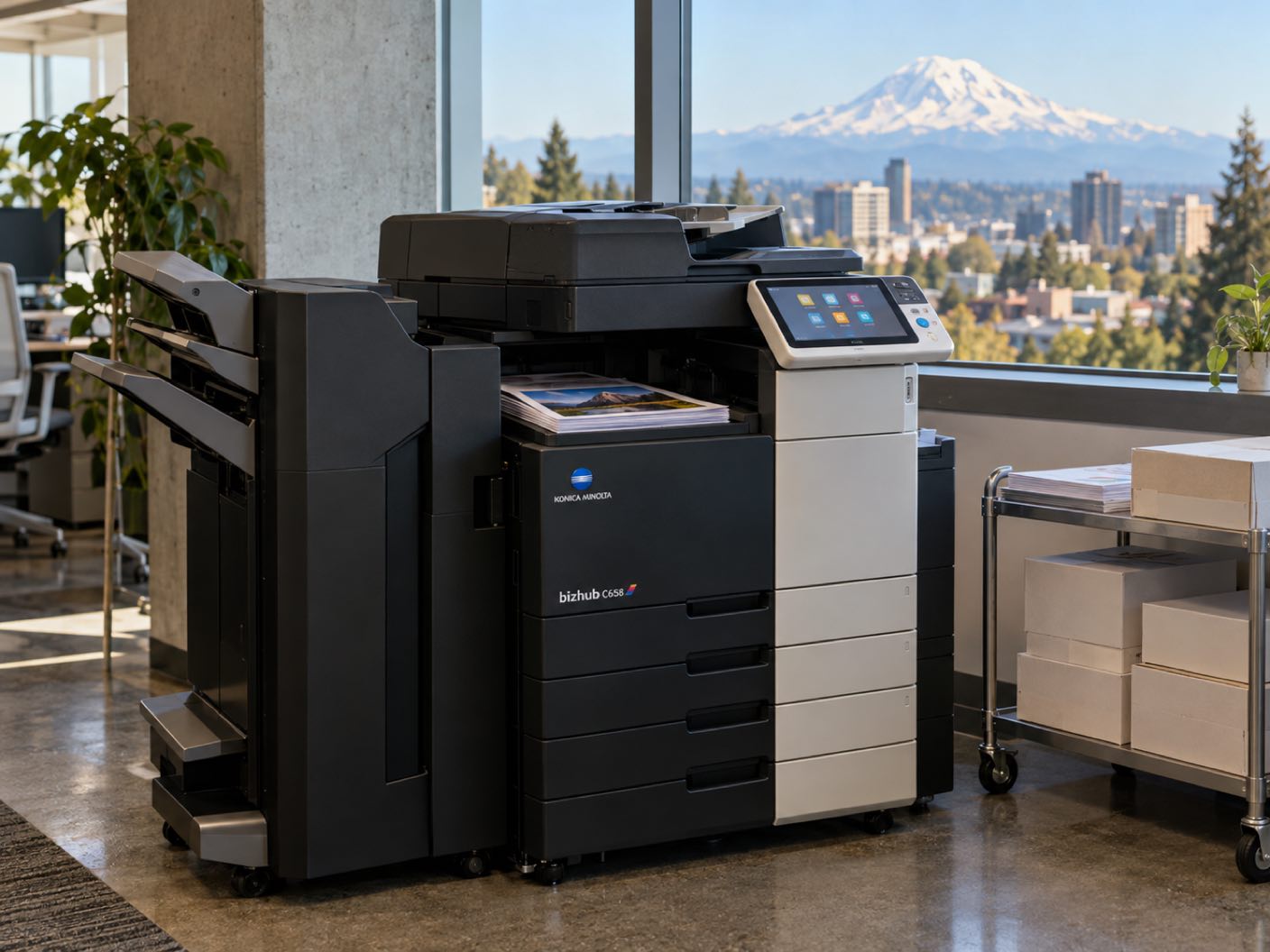 A Konica Minolta bizhub C658 copier standing ready with printed colour pages in its output tray, in an office window with the snow covered peak of Mount Rainier above a city skyline.