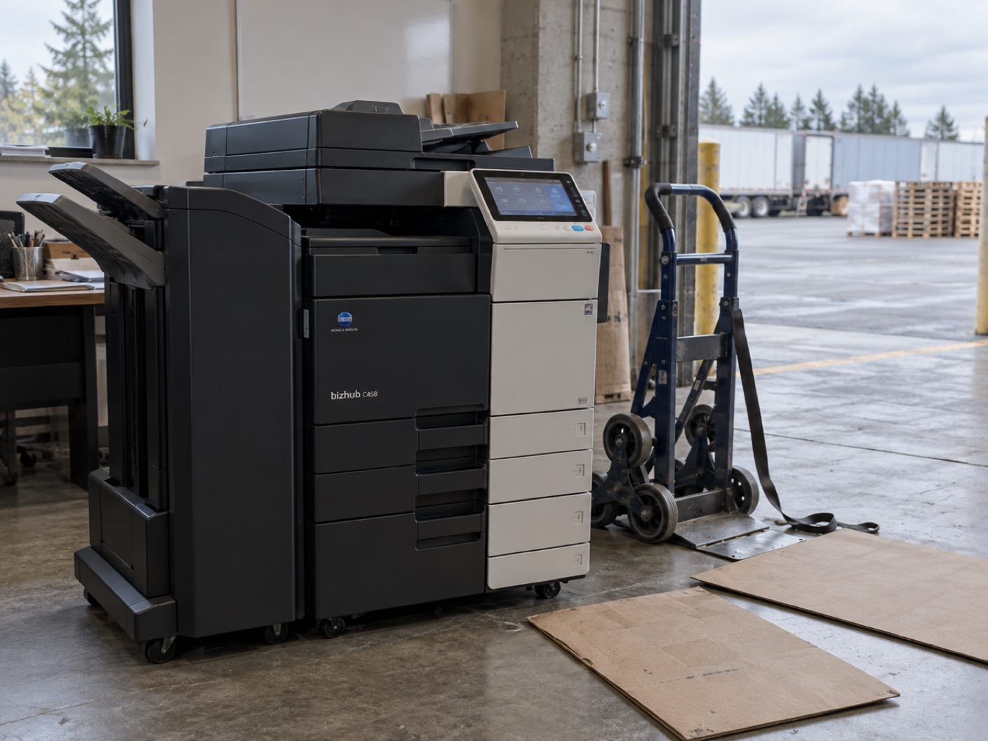 A Konica Minolta bizhub C458 copier newly delivered and standing in position, a delivery trolley and floor protection beside it, in a commercial warehouse back office, an open roller door onto trailers and stacked pallets.