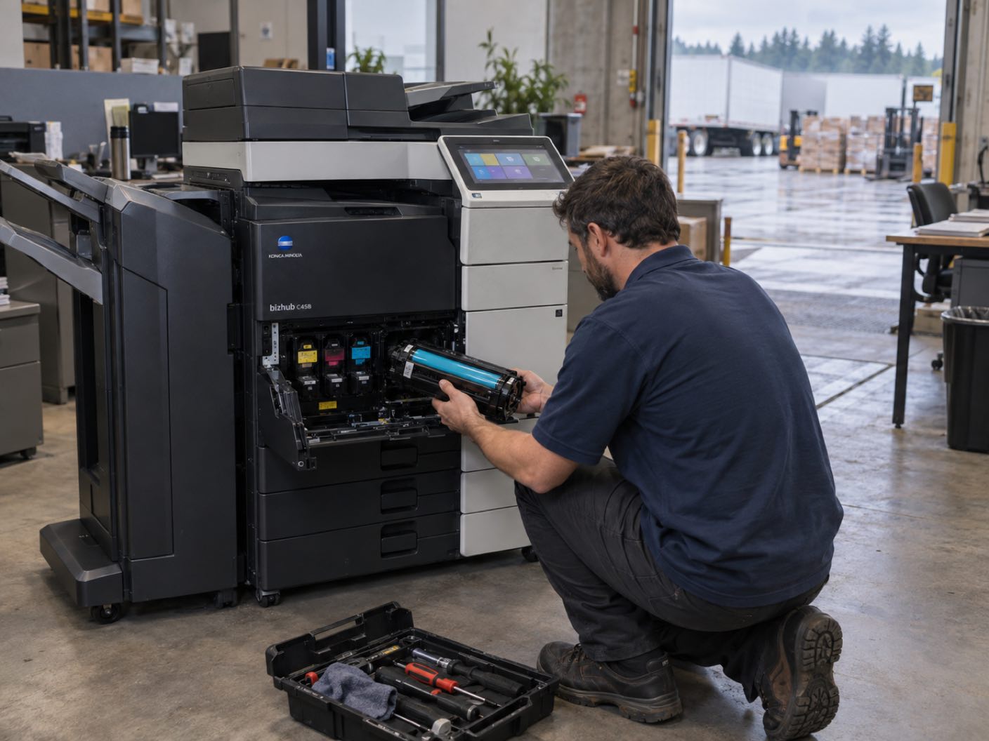 A technician kneeling at the open front of a Konica Minolta bizhub C458 copier, fitting a cyan toner cartridge, in a commercial warehouse back office, an open roller door onto trailers and stacked pallets.