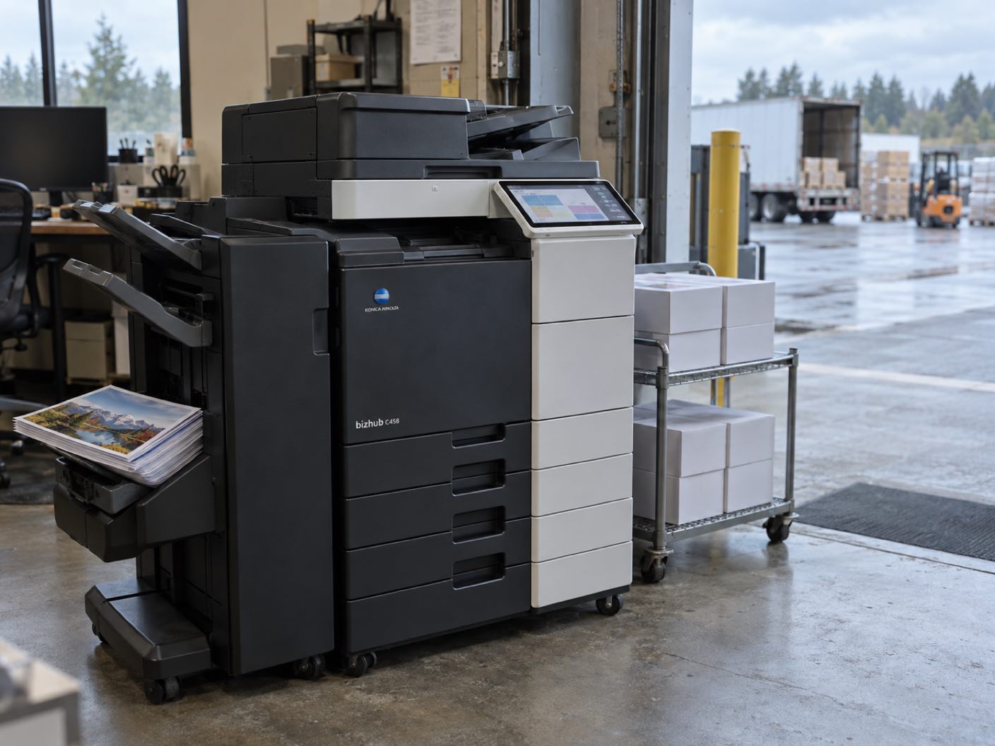 A Konica Minolta bizhub C458 copier standing ready with printed colour pages in its output tray, in a commercial warehouse back office, an open roller door onto trailers and stacked pallets.