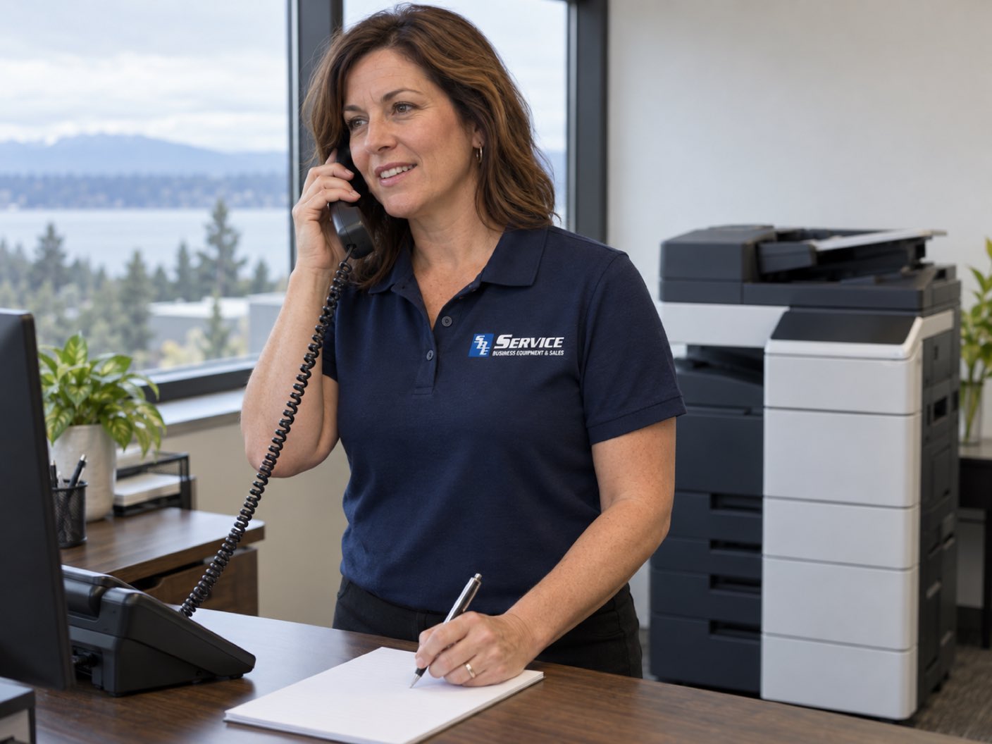 Someone at a desk taking a call on a telephone handset, writing on a notepad, with a copier behind them.