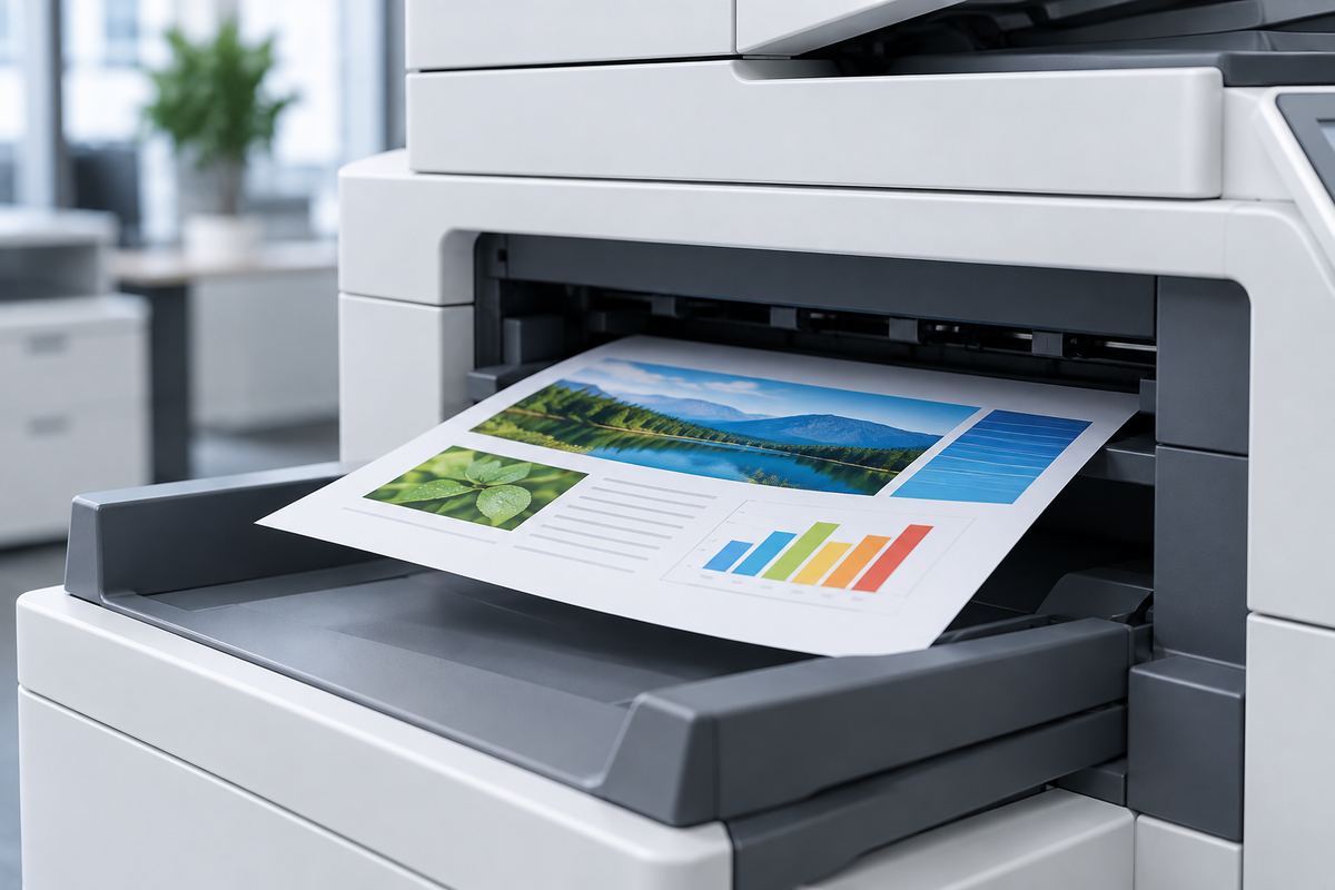 A freshly printed colour sheet sliding into the output tray of a copier.