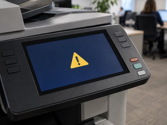 A copier control panel, the screen showing a yellow warning triangle.