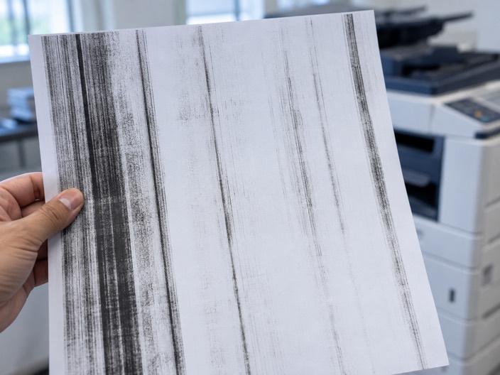 A printed page held up, covered in vertical black streaks and faded banding.