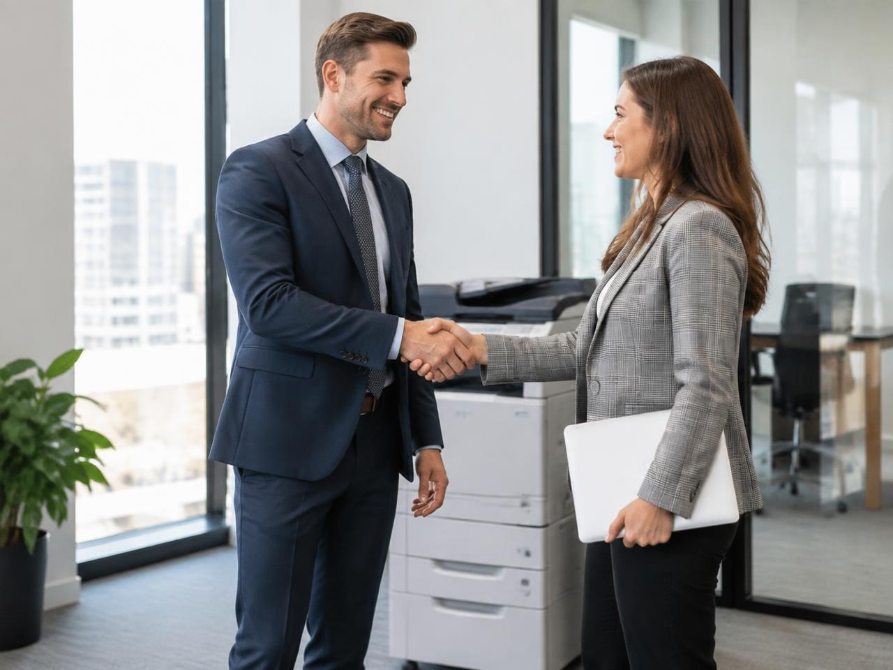 Two people shaking hands in an office, beside a large multifunction printer.