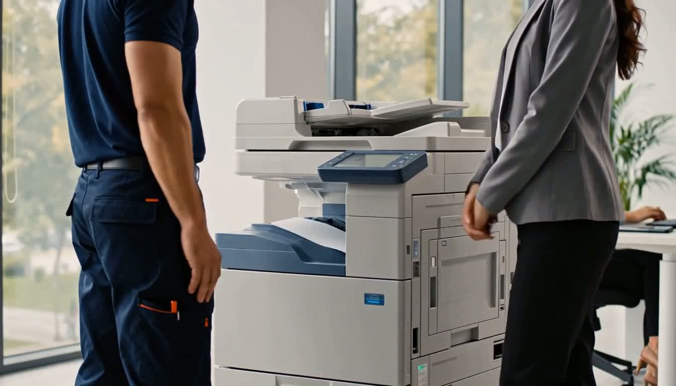 A technician and an office manager standing either side of a large office copier