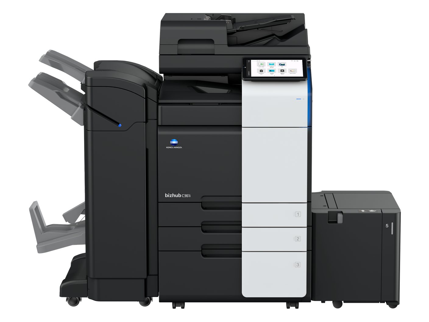 A Konica Minolta bizhub C361i multifunction printer with its finishing unit and large capacity paper tray.