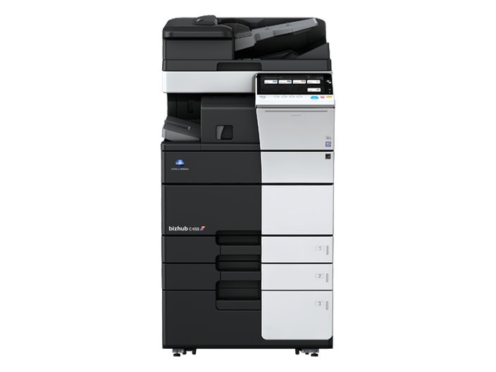 A Konica Minolta bizhub C458 colour multifunction printer with its finishing unit.