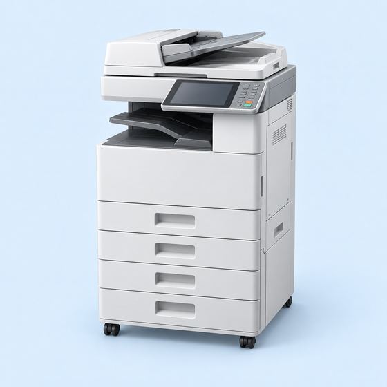 A light grey office multifunction copier.