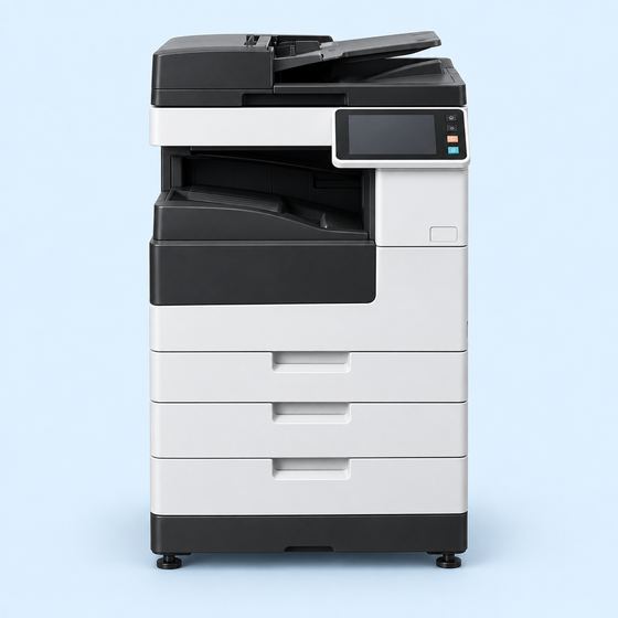 A black and white office multifunction copier.