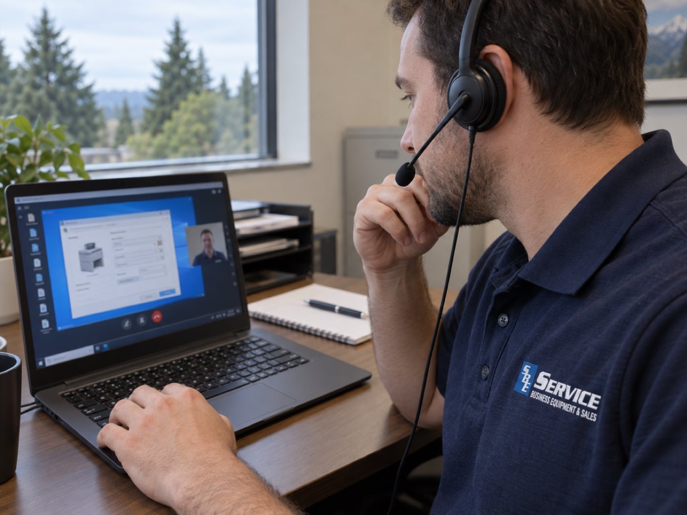 A technician at a laptop running a remote support session, seen over his shoulder, a printer settings window open on the screen, wearing a headset.