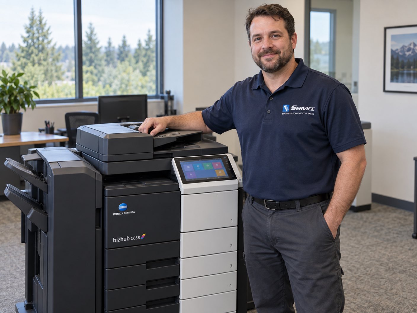 A service technician standing beside a Konica Minolta bizhub C658 copier in an office.