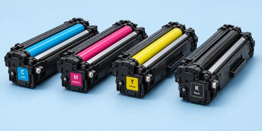 Four copier toner cartridges in a row, cyan, magenta, yellow and black.