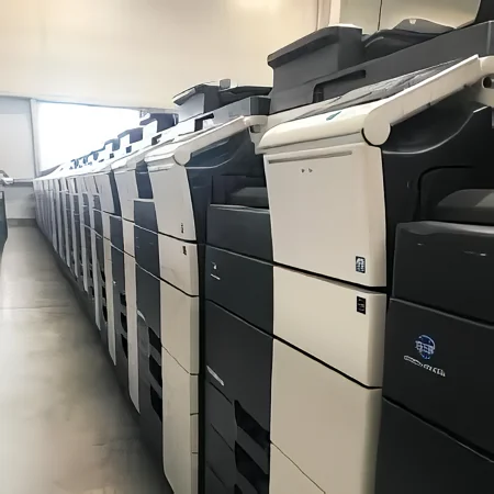 A row of copiers down a warehouse aisle, seen from one end.